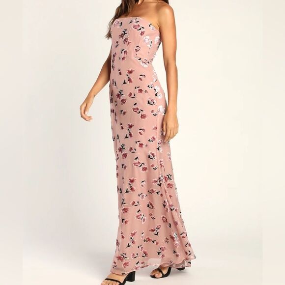 NWT Lulus Always Dancing Mauve Floral Strapless Maxi Dress size small women's - Picture 1 of 12